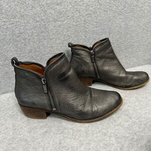 Lucky Brand Basel Metallic Pewter Leather Ankle Booties Gunmetal 7.5M 37.5